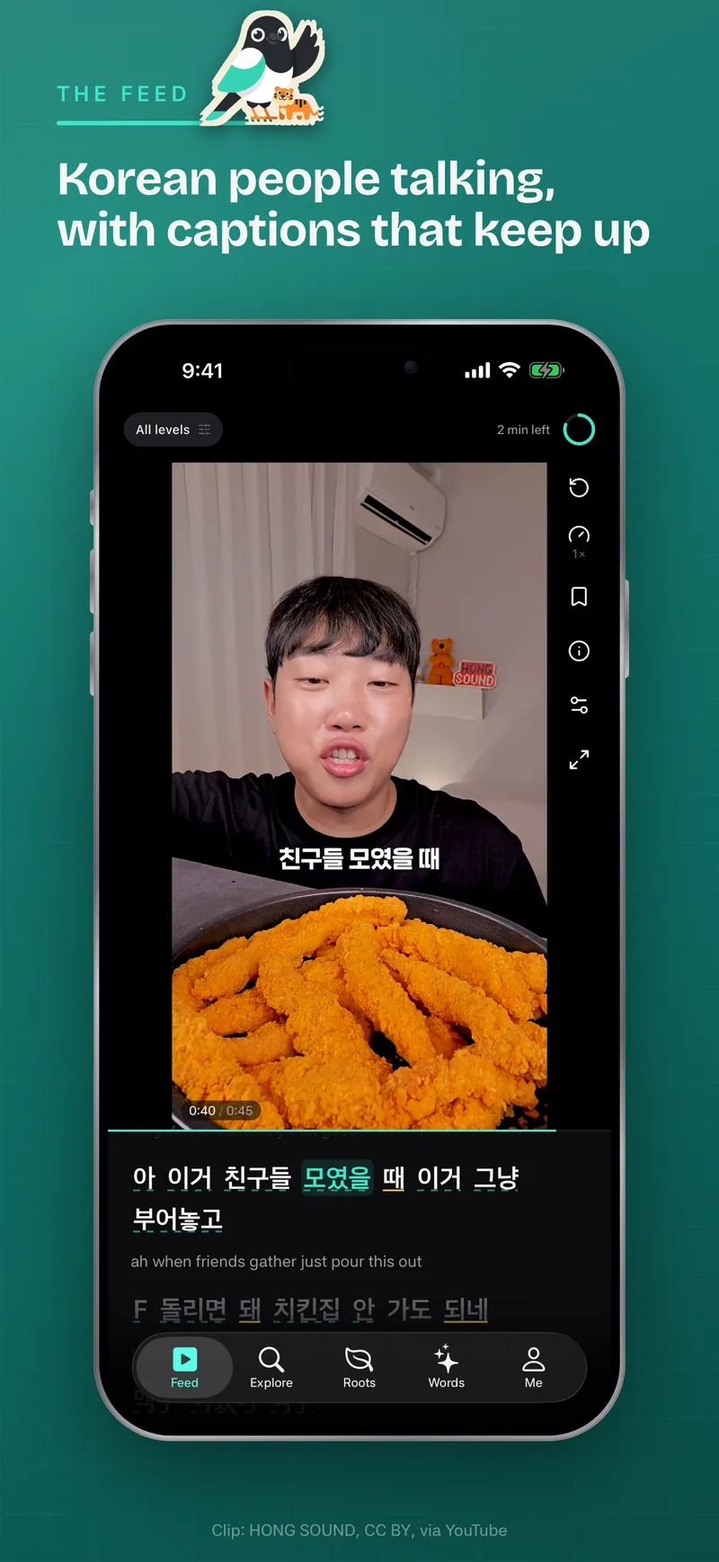 The Norae feed playing a Korean short with word-synced Korean and English captions