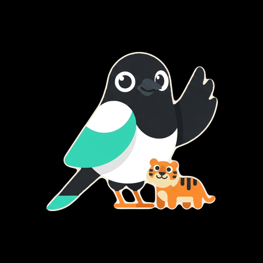 The Norae mascot, a kkachi magpie, waving next to its tiger sidekick