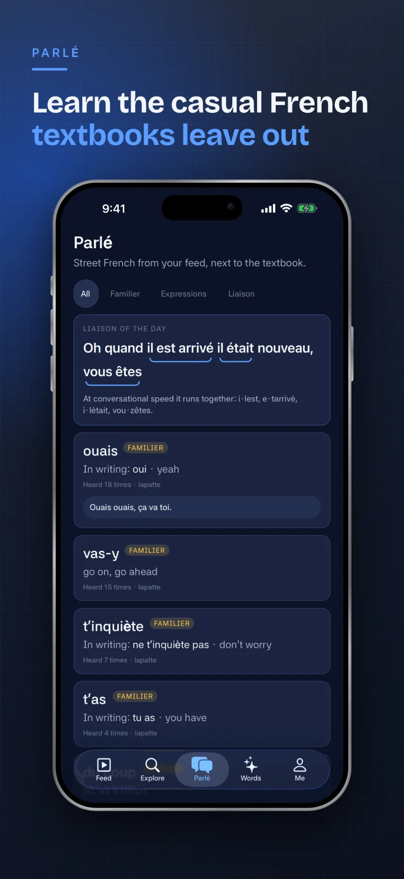 The Parlé tab showing spoken French forms next to their textbook forms, each with a clip of someone saying it