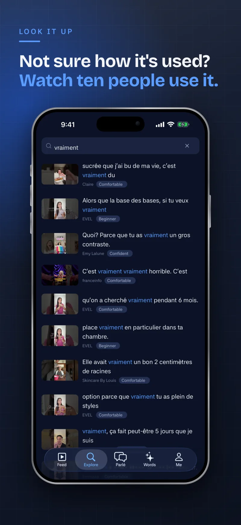 The Explore search screen showing every clip that uses a typed French word, with the channel that said it